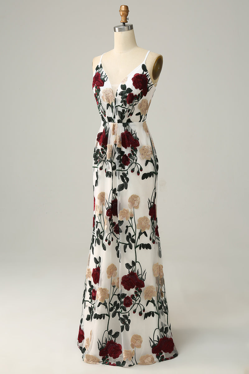 Laden Sie das Bild in den Galerie-Viewer, V-Ausschnitt Meerjungfrau Stickerei Blume Elfenbein Langes Brautjungfernkleid