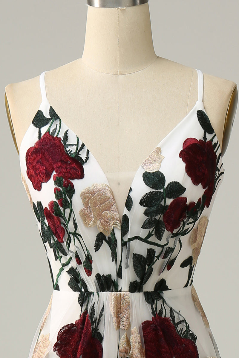 Laden Sie das Bild in den Galerie-Viewer, V-Ausschnitt Meerjungfrau Stickerei Blume Elfenbein Langes Brautjungfernkleid
