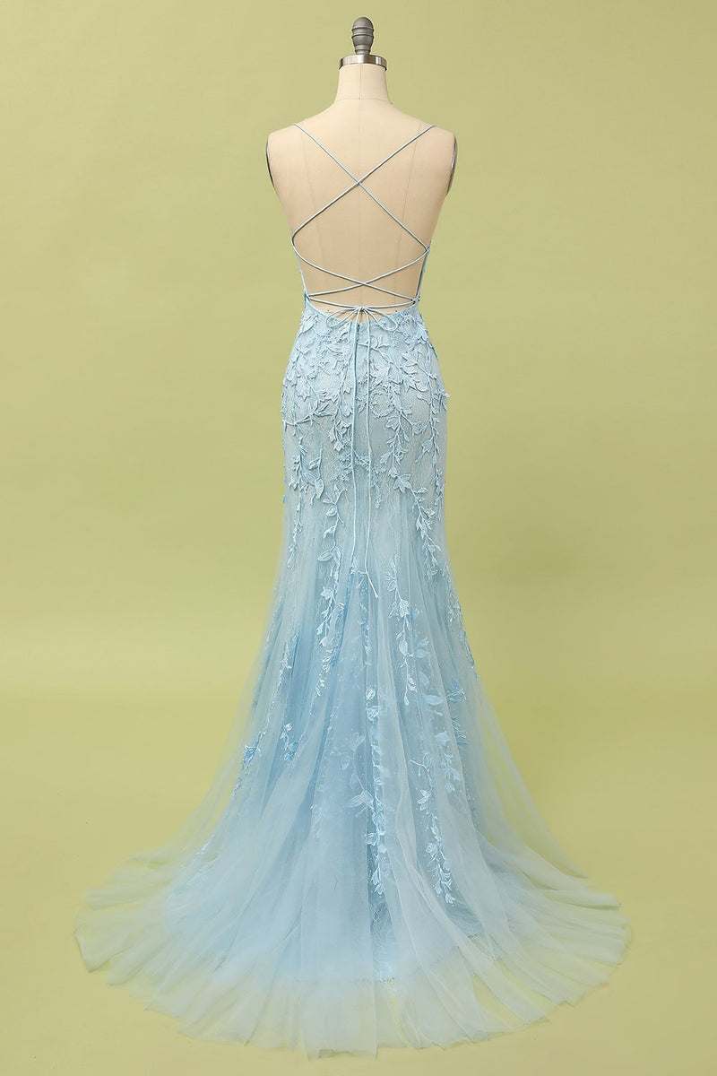 Laden Sie das Bild in den Galerie-Viewer, Meerjungfrau Blau Long Prom Kleid Backless Abendkleid