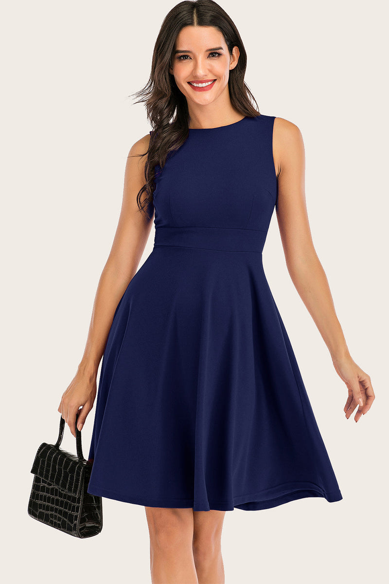 Laden Sie das Bild in den Galerie-Viewer, Navy Solid Sleeveless 1950er Jahre Swing Kleid