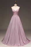 Glitzer Spaghettiträger Blush Abschlussballkleid mit Perlen