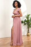 Rouge V-Ausschnitt Lange Chiffon Brautjungfer Kleid