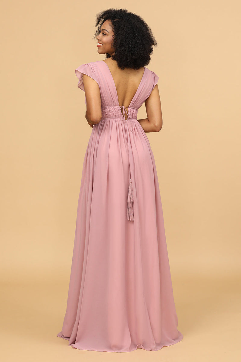 Laden Sie das Bild in den Galerie-Viewer, Rouge V-Ausschnitt Lange Chiffon Brautjungfer Kleid
