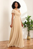 Champagnermütze Ärmel Lange Chiffon Brautjungfer Kleid