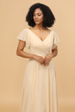 Champagnermütze Ärmel Lange Chiffon Brautjungfer Kleid