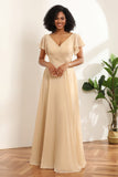 Champagnermütze Ärmel Lange Chiffon Brautjungfer Kleid