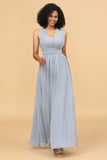 Graublau Cabrio Lange Chiffon Brautjungfer Kleid