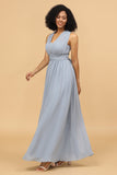 Graublau Cabrio Lange Chiffon Brautjungfer Kleid