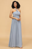 Graublau Cabrio Lange Chiffon Brautjungfer Kleid