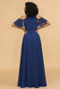 Laden Sie das Bild in den Galerie-Viewer, Kalte Schulter Marineblau Chiffon Brautjungfer Kleid mit Schlitz