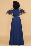 Kalte Schulter Marineblau Chiffon Brautjungfer Kleid mit Schlitz