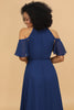 Laden Sie das Bild in den Galerie-Viewer, Kalte Schulter Marineblau Chiffon Brautjungfer Kleid mit Schlitz