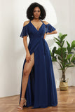 Kalte Schulter Marineblau Chiffon Brautjungfer Kleid mit Schlitz