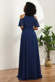 Kalte Schulter Marineblau Chiffon Brautjungfer Kleid mit Schlitz