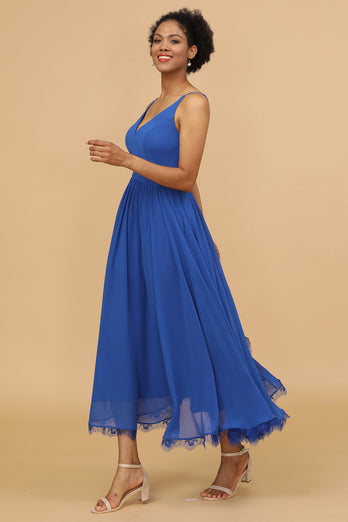 Königsblau V-Ausschnitt Chiffon Brautjungfer Kleid
