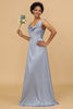 Laden Sie das Bild in den Galerie-Viewer, A Linie Asymmetrischer Ausschnitt Grau Blau Satin Lange Brautjungfer Kleid