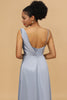 Laden Sie das Bild in den Galerie-Viewer, A Linie Asymmetrischer Ausschnitt Grau Blau Satin Lange Brautjungfer Kleid