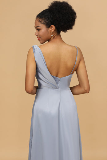 A Linie Asymmetrischer Ausschnitt Grau Blau Satin Lange Brautjungfer Kleid