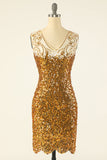 Goldene Pailletten V-Ausschnitt 1920er Jahre Flapperkleid