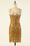 Goldene Pailletten V-Ausschnitt 1920er Jahre Flapperkleid