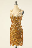 Goldene Pailletten V-Ausschnitt 1920er Jahre Flapperkleid