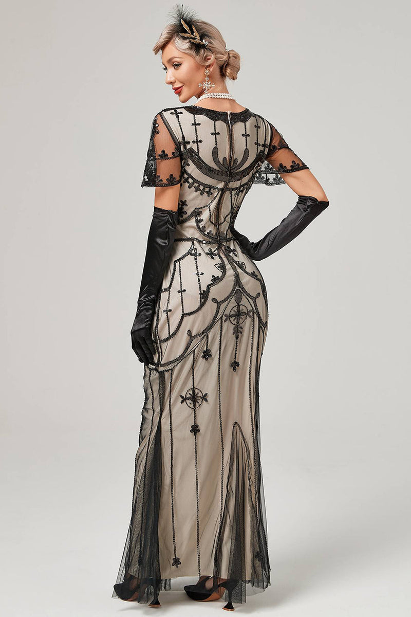 Laden Sie das Bild in den Galerie-Viewer, Schwarzes, rosafarbenes Paillettenkleid aus den 1920er Jahren