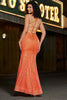 Laden Sie das Bild in den Galerie-Viewer, Glitzerndes orangefarbenes Meerjungfrauen-Spaghettiträger-Pailletten-Ballkleid mit Schlitz
