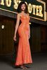 Laden Sie das Bild in den Galerie-Viewer, Glitzerndes orangefarbenes Meerjungfrauen-Spaghettiträger-Pailletten-Ballkleid mit Schlitz