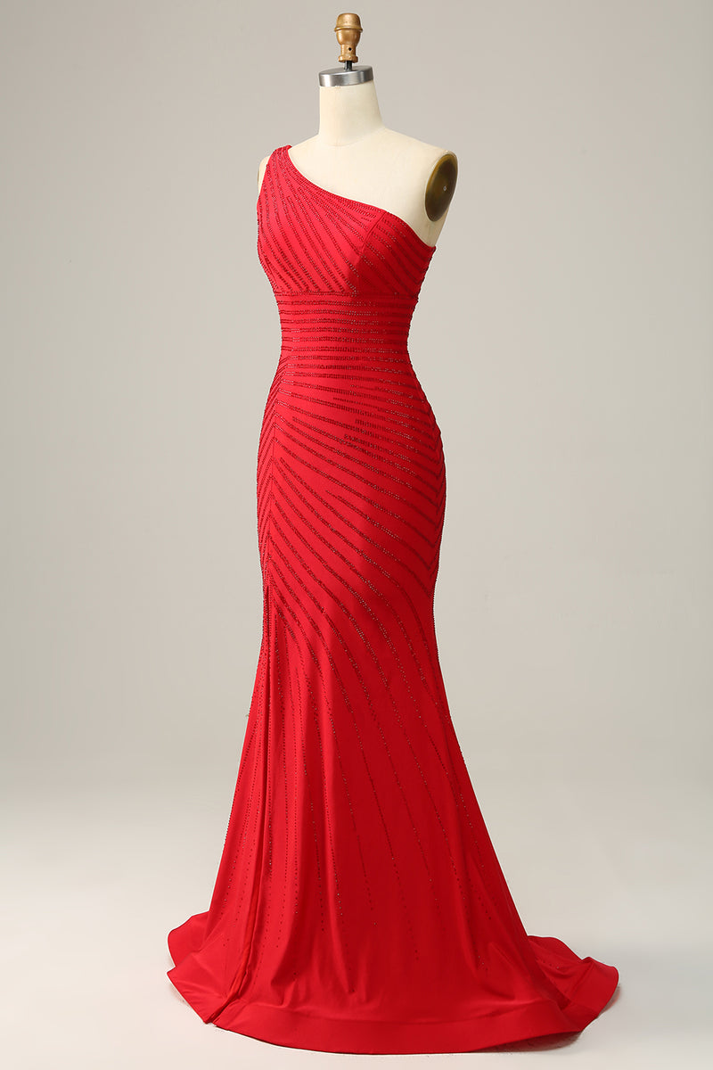 Laden Sie das Bild in den Galerie-Viewer, Meerjungfrau Rotes Paillettenballkleid mit einer Schulter
