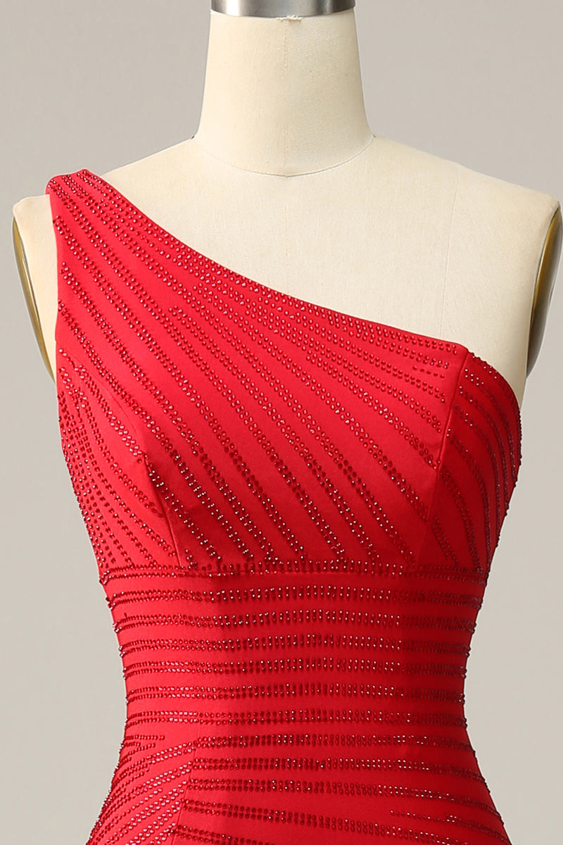 Laden Sie das Bild in den Galerie-Viewer, Meerjungfrau Rotes Paillettenballkleid mit einer Schulter