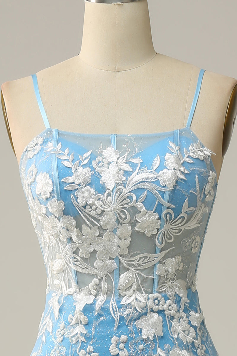 Laden Sie das Bild in den Galerie-Viewer, Langärmliges Hellblau Abendkleid in Meerjungfrau-Schnitt mit Perlen-Applikationen