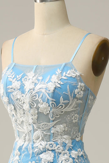 Langärmliges Hellblau Abendkleid in Meerjungfrau-Schnitt mit Perlen-Applikationen