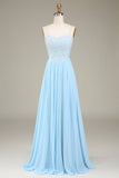 Himmelblaues A-Linien-Spaghettiträger-Chiffon-langes Brautjungfernkleid mit Perlenbesatz