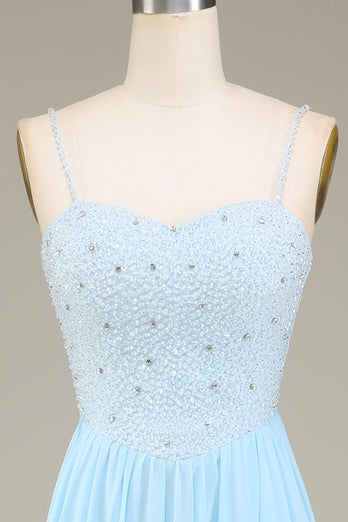 Himmelblaues A-Linien-Spaghettiträger-Chiffon-langes Brautjungfernkleid mit Perlenbesatz