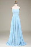 A-Linien-Spaghettiträger Himmelblaues Chiffon-langes Brautjungfernkleid