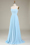 A-Linien-Spaghettiträger Himmelblaues Chiffon-langes Brautjungfernkleid