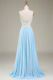 A-Linien-Spaghettiträger Himmelblaues Chiffon-langes Brautjungfernkleid
