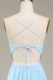 A-Linien-Spaghettiträger Himmelblaues Chiffon-langes Brautjungfernkleid