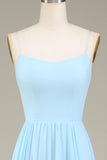 A-Linien-Spaghettiträger Himmelblaues Chiffon-langes Brautjungfernkleid
