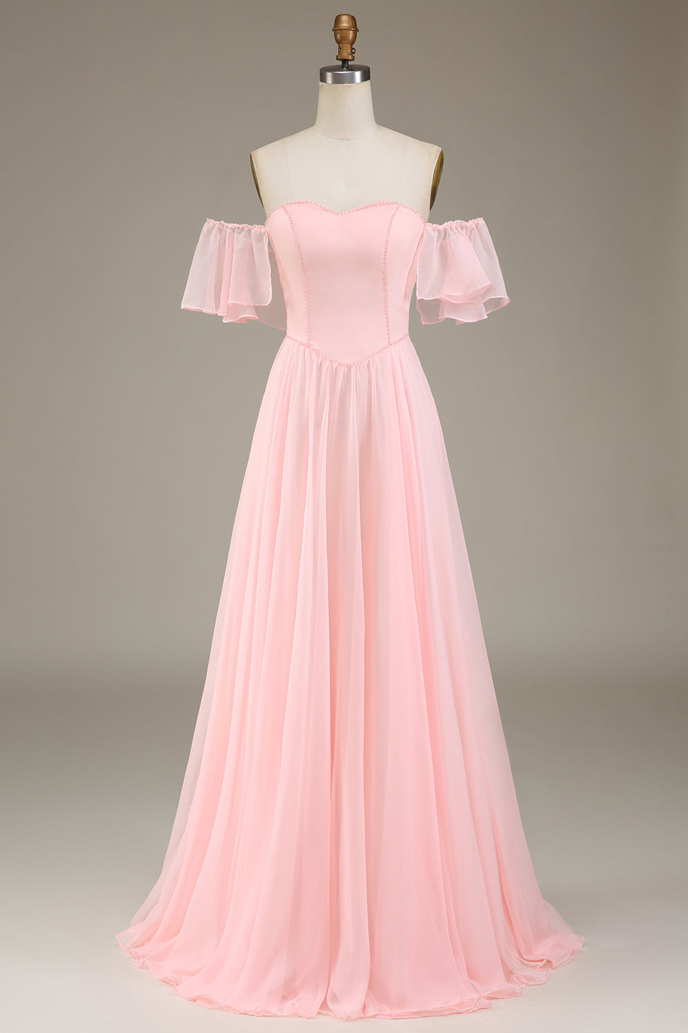 Rosafarbenes, schulterfreies Chiffon-langes Brautjungfernkleid in A-Linie