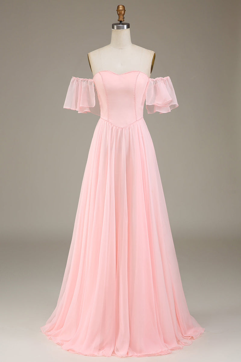 Laden Sie das Bild in den Galerie-Viewer, Rosafarbenes, schulterfreies Chiffon-langes Brautjungfernkleid in A-Linie