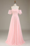 Rosafarbenes, schulterfreies Chiffon-langes Brautjungfernkleid in A-Linie