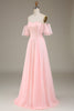 Laden Sie das Bild in den Galerie-Viewer, Rosafarbenes, schulterfreies Chiffon-langes Brautjungfernkleid in A-Linie