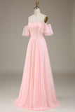 Rosafarbenes, schulterfreies Chiffon-langes Brautjungfernkleid in A-Linie