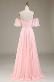 Rosafarbenes, schulterfreies Chiffon-langes Brautjungfernkleid in A-Linie