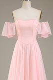 Rosafarbenes, schulterfreies Chiffon-langes Brautjungfernkleid in A-Linie