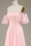 Rosafarbenes, schulterfreies Chiffon-langes Brautjungfernkleid in A-Linie