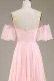 Rosafarbenes, schulterfreies Chiffon-langes Brautjungfernkleid in A-Linie