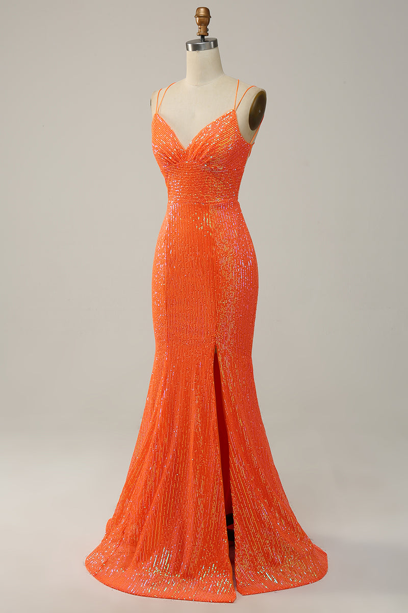 Laden Sie das Bild in den Galerie-Viewer, Meerjungfrau Spaghetti-Träger Orange Pailletten Ballkleid mit geteilter Vorderseite