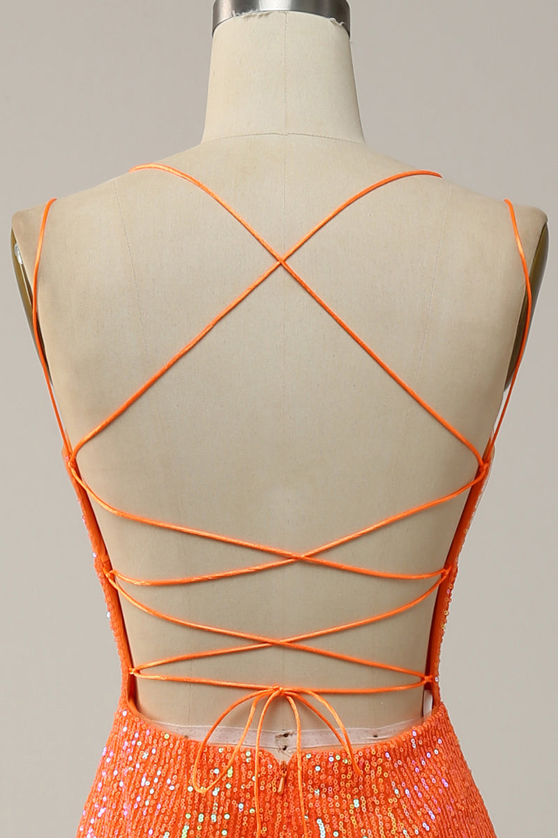 Laden Sie das Bild in den Galerie-Viewer, Meerjungfrau Spaghetti-Träger Orange Pailletten Ballkleid mit geteilter Vorderseite